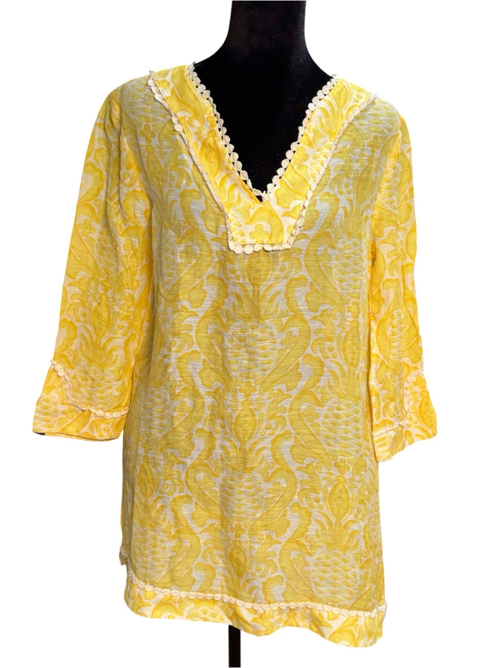 Kate Spade Skirt the Rules Yellow Pineapple Damask Crochet Trim Tunic Top Small